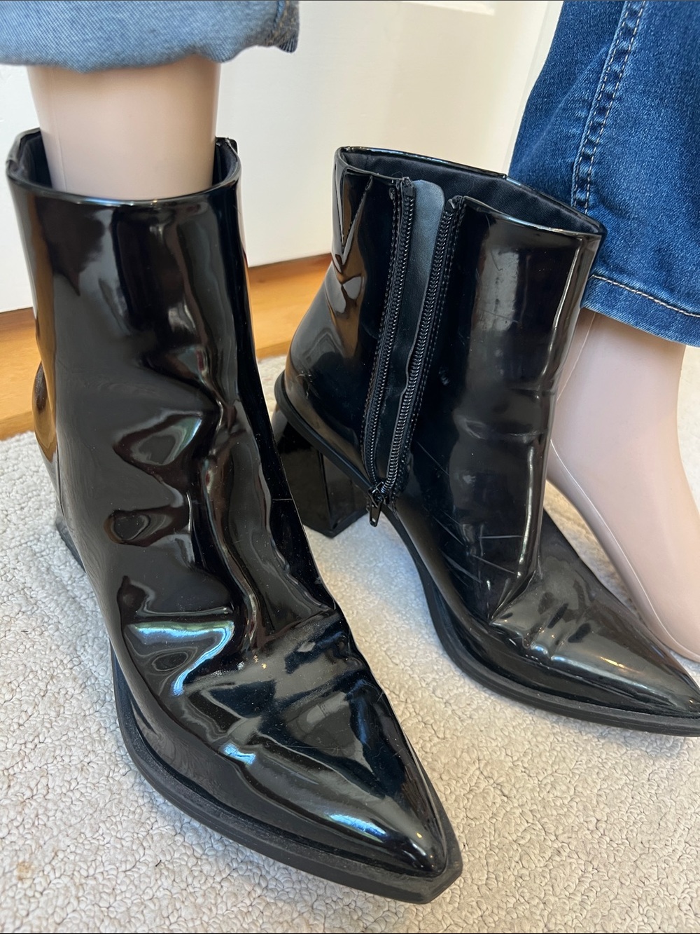 bp Black Patent Pointed Toe Ankle Booties with Side Zip